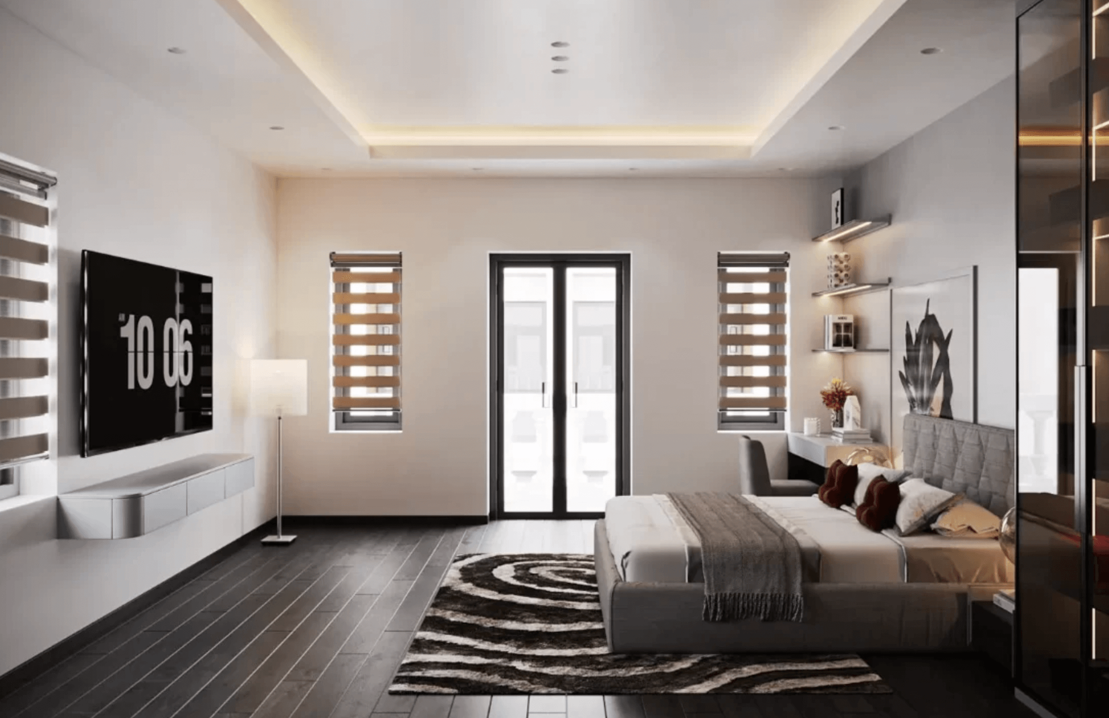 thiet-ke-chung-cu-45m2-2-phong-ngu-hien-dai-va-sang-trong-1 Phòng ngủ hiện đại với nội thất sang trọng, giường lớn và cửa sổ sáng, tông màu nâu và trắng.