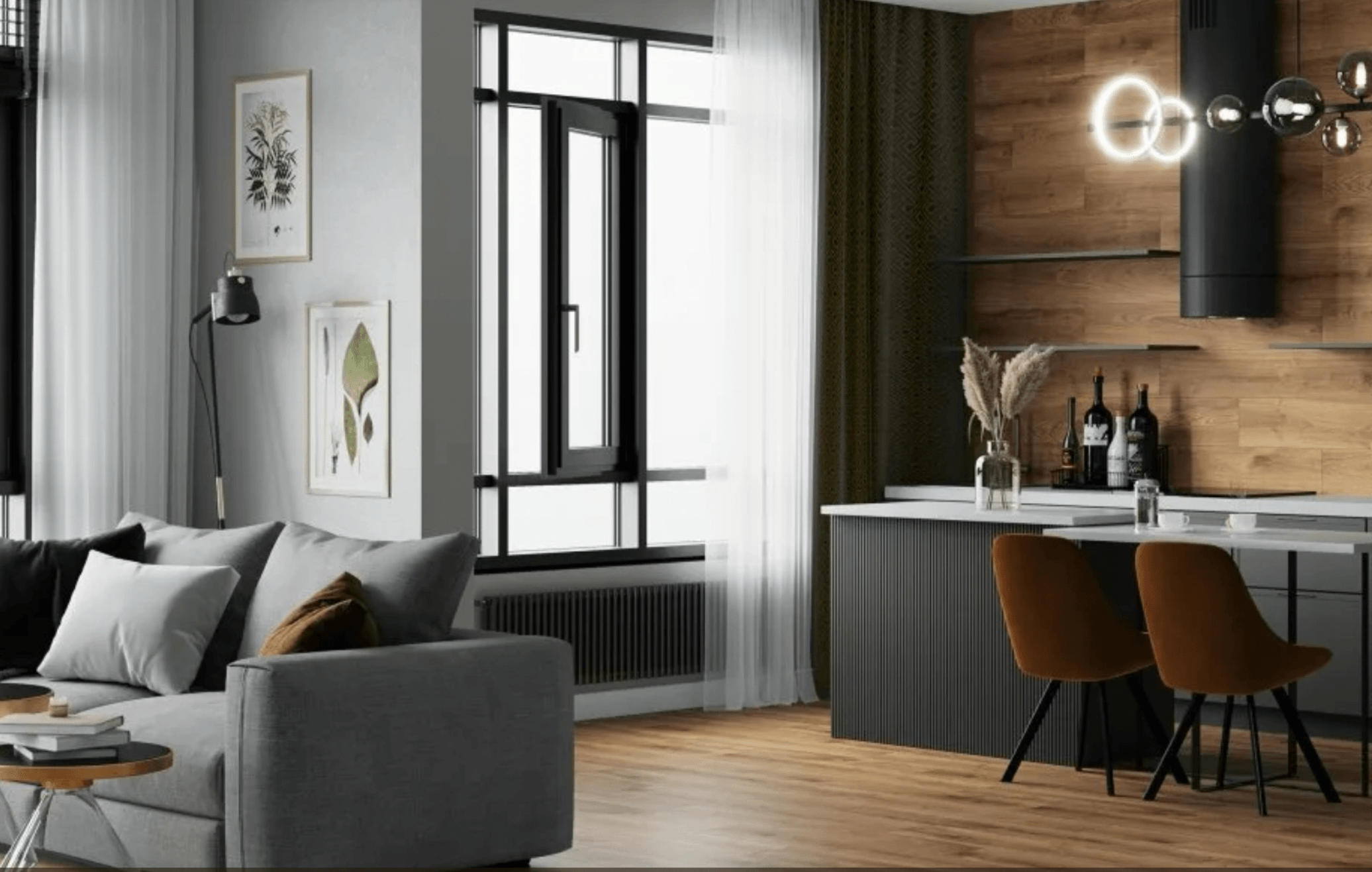 Phòng khách hiện đại với sofa xám, bàn gỗ, tranh treo tường và bàn bếp thiết kế tối giản, ánh sáng tự nhiên.