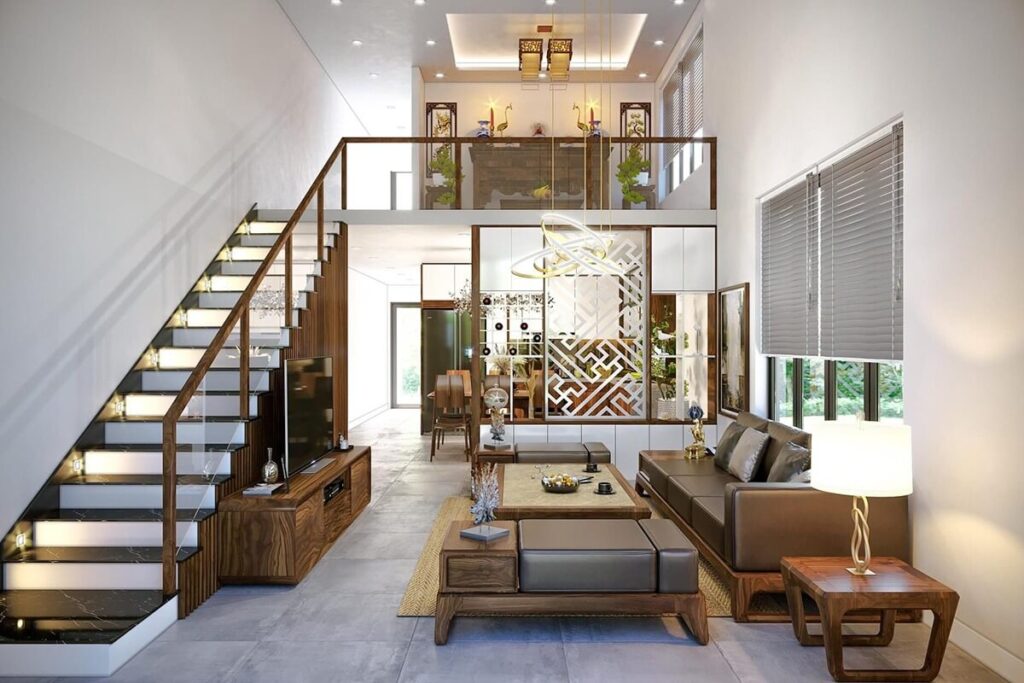 Phòng khách hiện đại với cầu thang gỗ, bộ ghế sofa da nâu, đèn trang trí và bàn trà tinh tế.