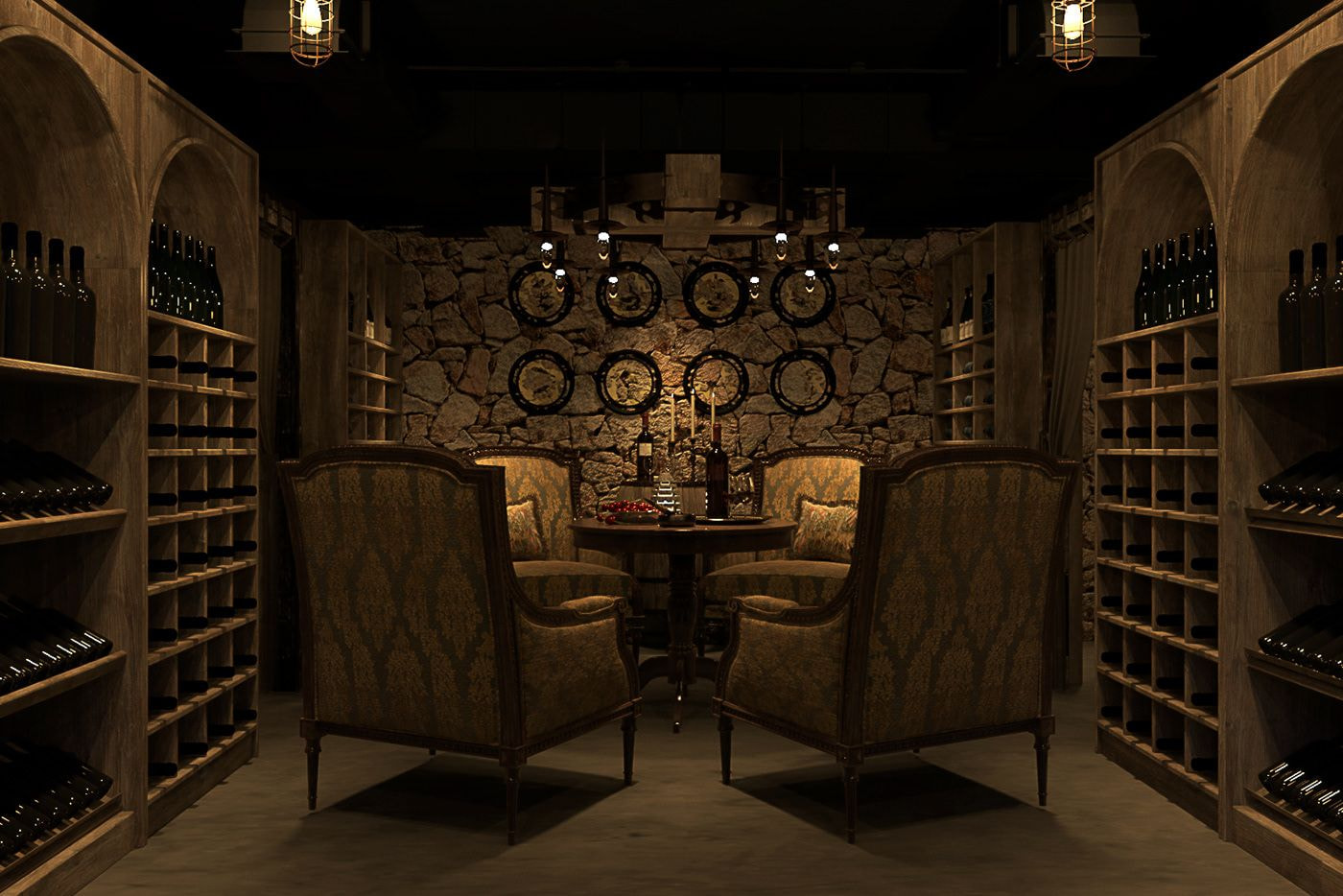 Hầm rượu cổ điển với bàn ghế sang trọng và ánh sáng ấm áp, chai rượu được xếp đều đặn trên kệ gỗ.