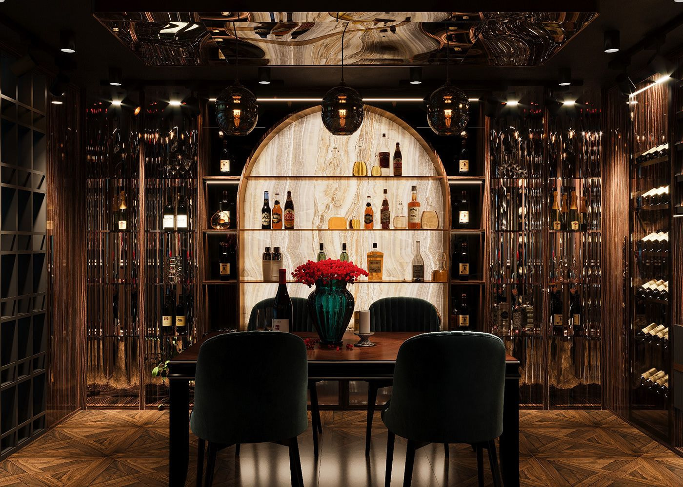 Phòng trưng bày rượu xa hoa với kệ gỗ, đèn thả và bàn ăn trang trí bình hoa đỏ tươi.