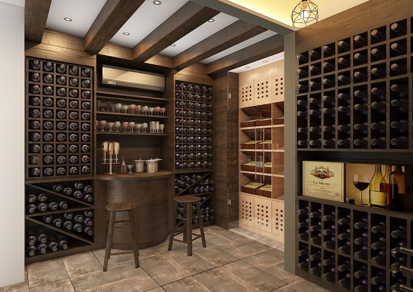 Hầm rượu đẳng cấp với kệ gỗ chứa đầy ắp chai rượu, bàn nhỏ và ghế đẩu, tạo không gian ấm cúng.