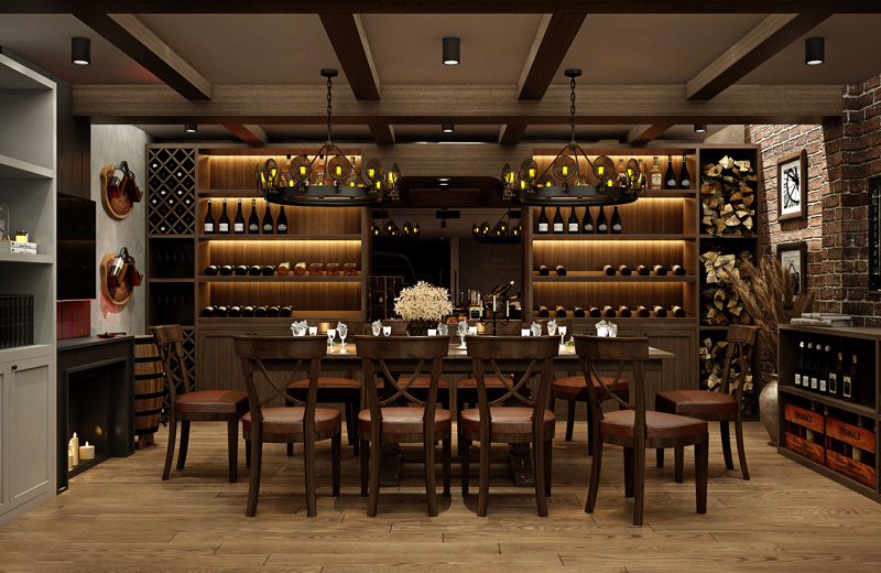 Hầm rượu đẳng cấp với bàn dài bằng gỗ và đèn chùm, tường gạch ốp đẹp mắt.