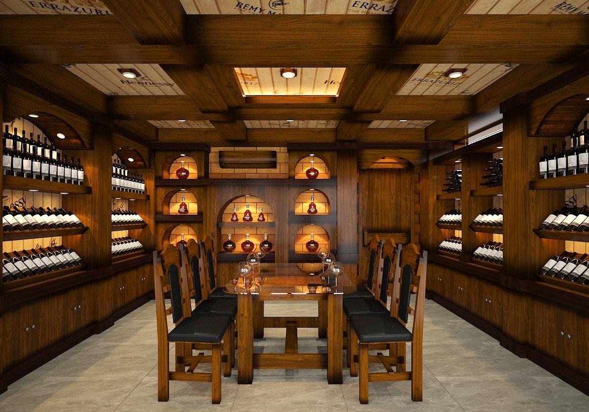 Hầm rượu vang sang trọng với bàn ghế gỗ và khung kệ trưng bày chai rượu, ánh sáng ấm áp.