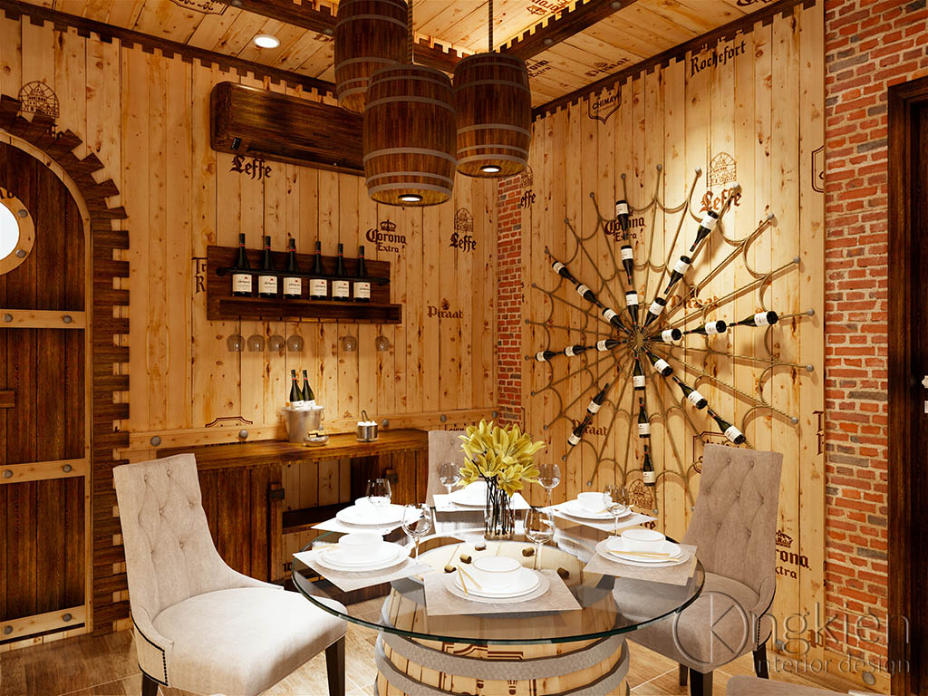 Phòng ăn với thiết kế nội thất nhà hàng sử dụng bàn ghế gỗ, tường ốp gạch và chai rượu trang trí nghệ thuật.