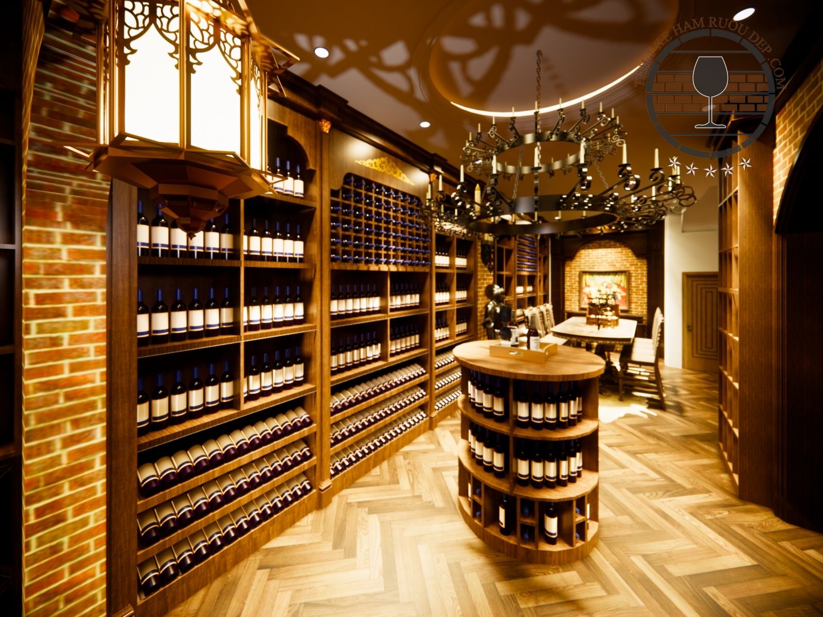 Hầm rượu sang trọng với giá đỡ gỗ, ánh sáng dịu êm, thiết kế nội thất cổ điển và chai rượu được trưng bày.