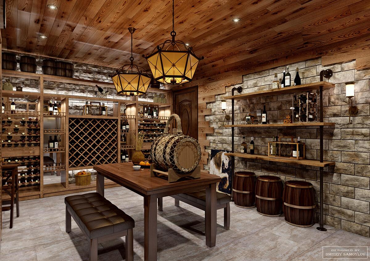 Hầm rượu vang phong cách với nội thất gỗ, kệ trưng bày chai và thùng gỗ, ánh sáng ấm áp.
