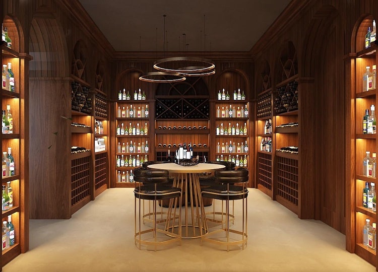 Phòng rượu phong cách với kệ gỗ và quầy bar trung tâm hiện đại, ánh sáng ấm áp.