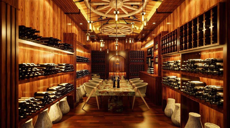 Hầm rượu gỗ sang trọng với bàn dài và giá chứa rượu, ánh sáng ấm áp.