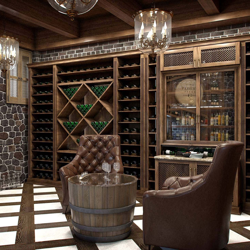 Phòng rượu vang sang trọng với ghế bọc da, bàn gỗ thùng rượu và tủ rượu cổ điển.