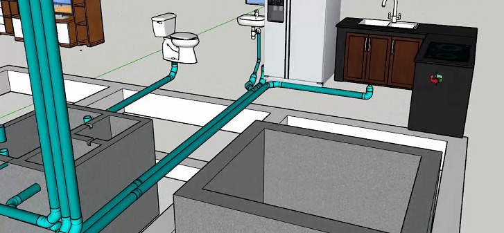 Mô hình hệ thống đường ống nước trong nhà với nhà bếp và nhà vệ sinh, gồm toilet và bồn rửa.