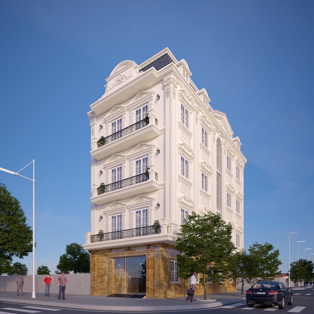 Tòa nhà 5 tầng kiểu cổ điển châu Âu màu trắng với ban công sắt, nền trời xanh tươi sáng.