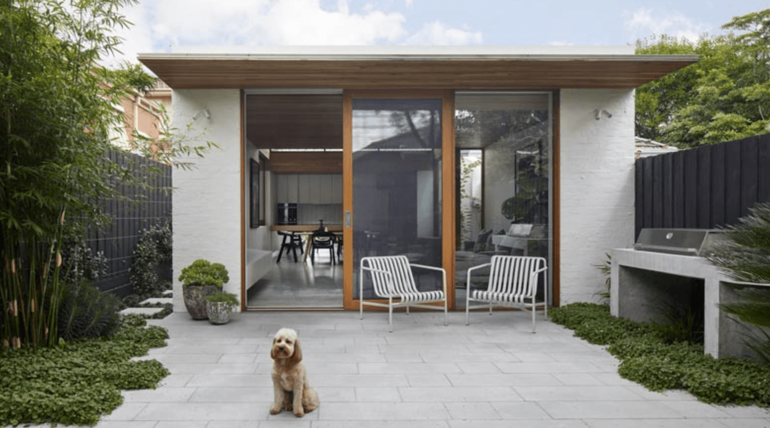 Nhà nhỏ phong cách hiện đại với sân lát gạch và chú chó nhỏ ngồi phía trước.