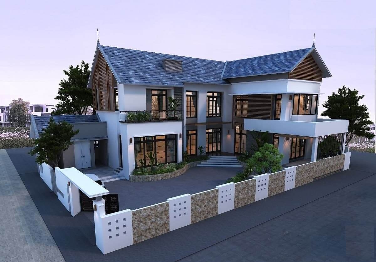 Nhà hiện đại có sân vườn, tường rào trắng và mái ngói xanh, thiết kế hai tầng với nhiều cửa sổ xung quanh.