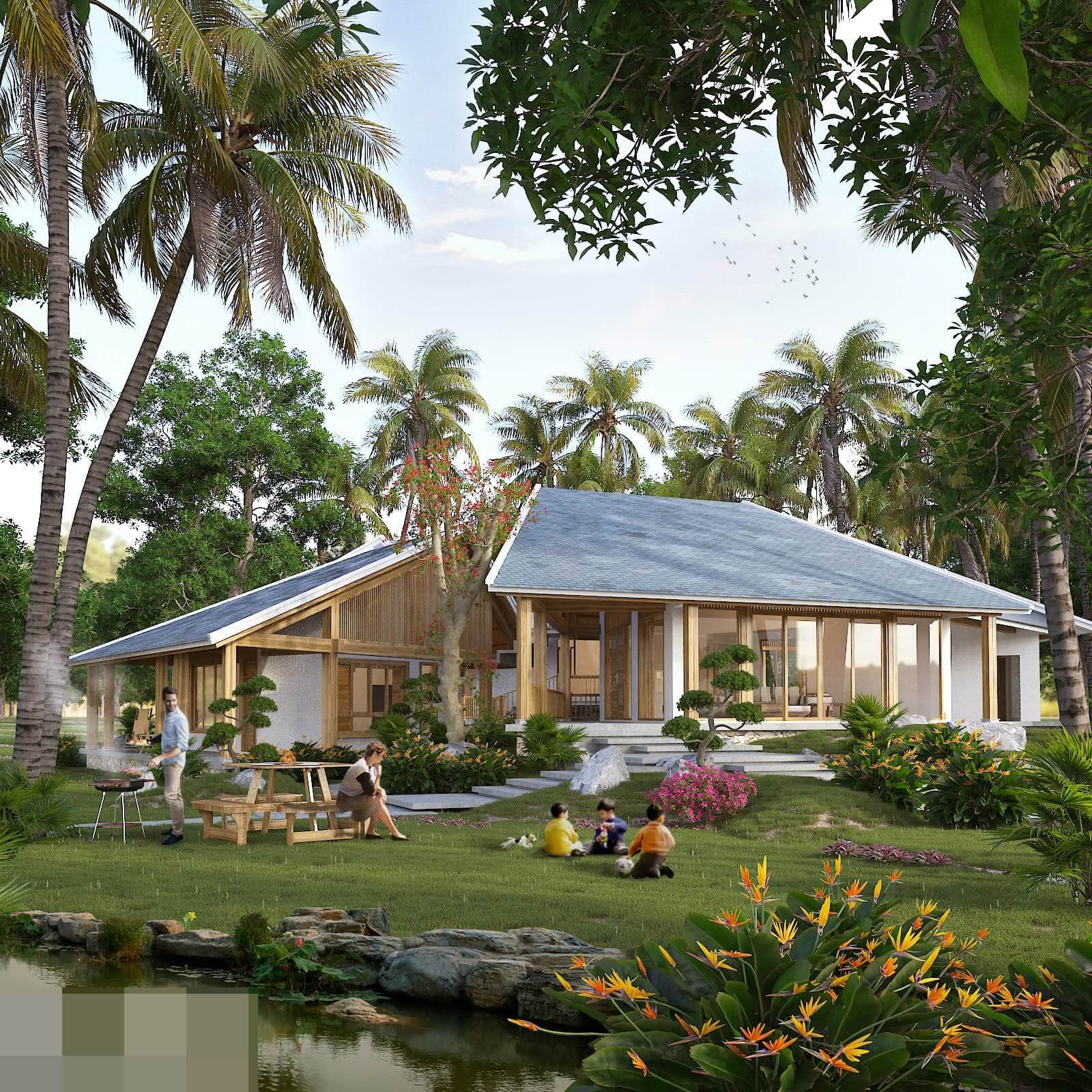 Ngôi nhà sân vườn xanh mát với hồ cá và cây xanh, gia đình tụ họp ngoài trời nướng BBQ dịp cuối tuần.