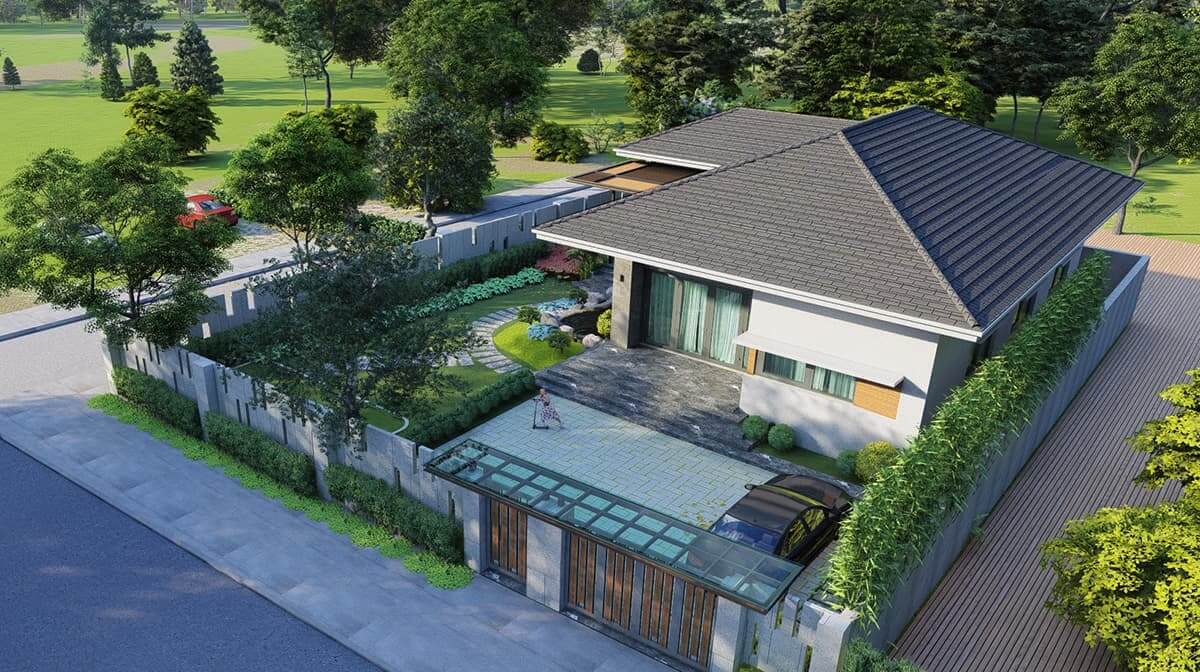 thiet-ke-nha-100m2-co-san-vuon-don-gian-ma-tinh-te-5 Nhà hiện đại với sân vườn rộng và cảnh quan xanh, nhìn từ trên cao vào ban ngày.