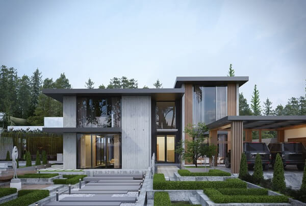 Biệt thự hiện đại với thiết kế sân vườn xanh mát, kiến trúc tối giản kết hợp gỗ và kính.