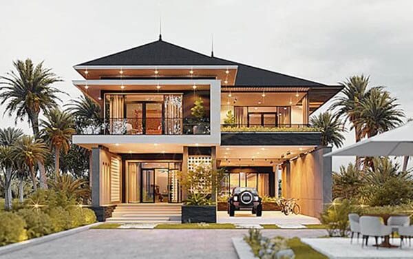 Biệt thự hiện đại hai tầng với sân vườn xanh, xe hơi đỗ trước nhà, bao quanh bởi cây cọ.