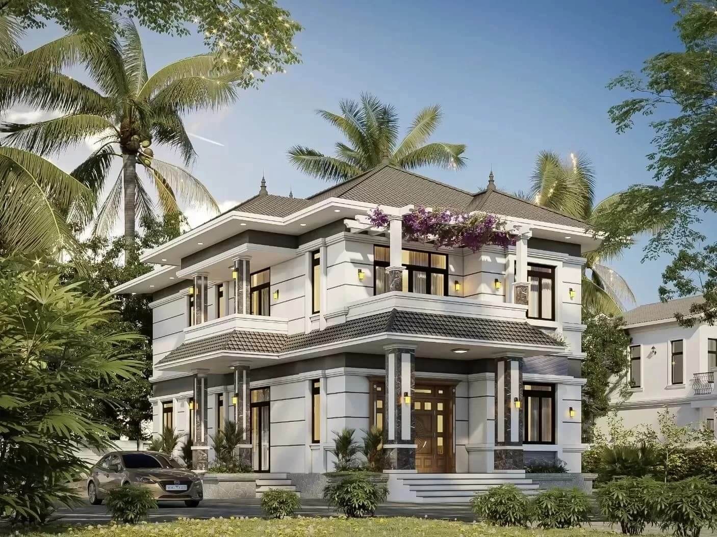 thiet-ke-nha-100m2-co-san-vuon-mai-thai-sang-trong-va-hien-dai-5 Nhà hai tầng hiện đại giữa vườn cây dừa, ánh nắng chiếu sáng.