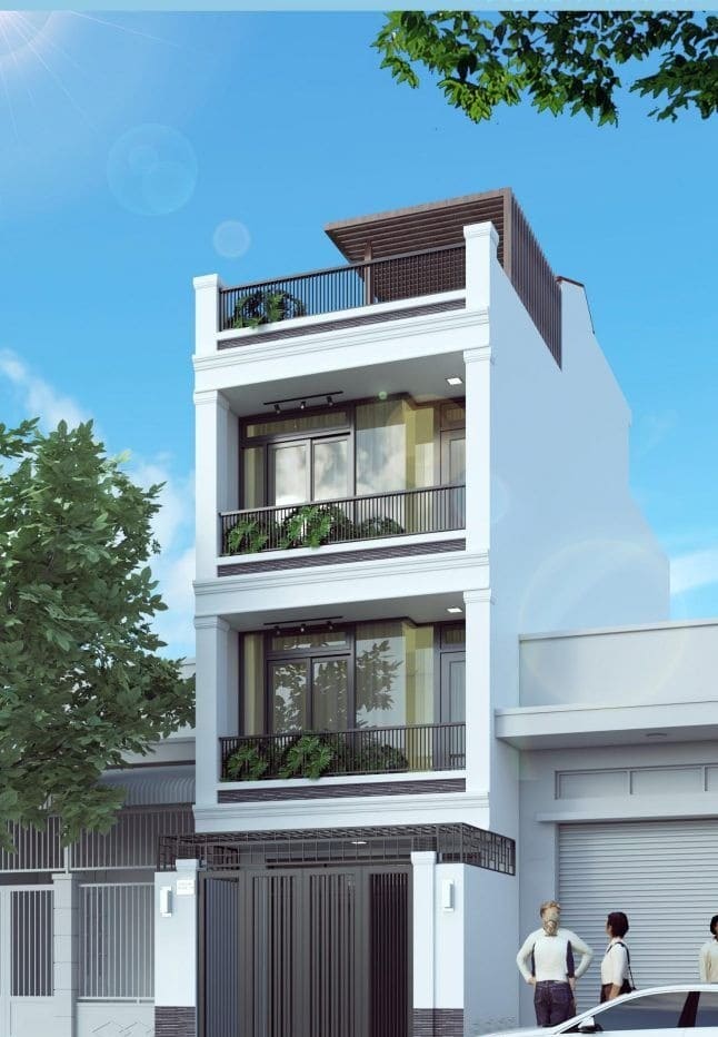 thiet-ke-nha-2-tang-3-phong-ngu-80m2-11 Nhà phố hiện đại 3 tầng với ban công rộng, sơn trắng, kiến trúc tối giản, cây xanh trang trí trên ban công.