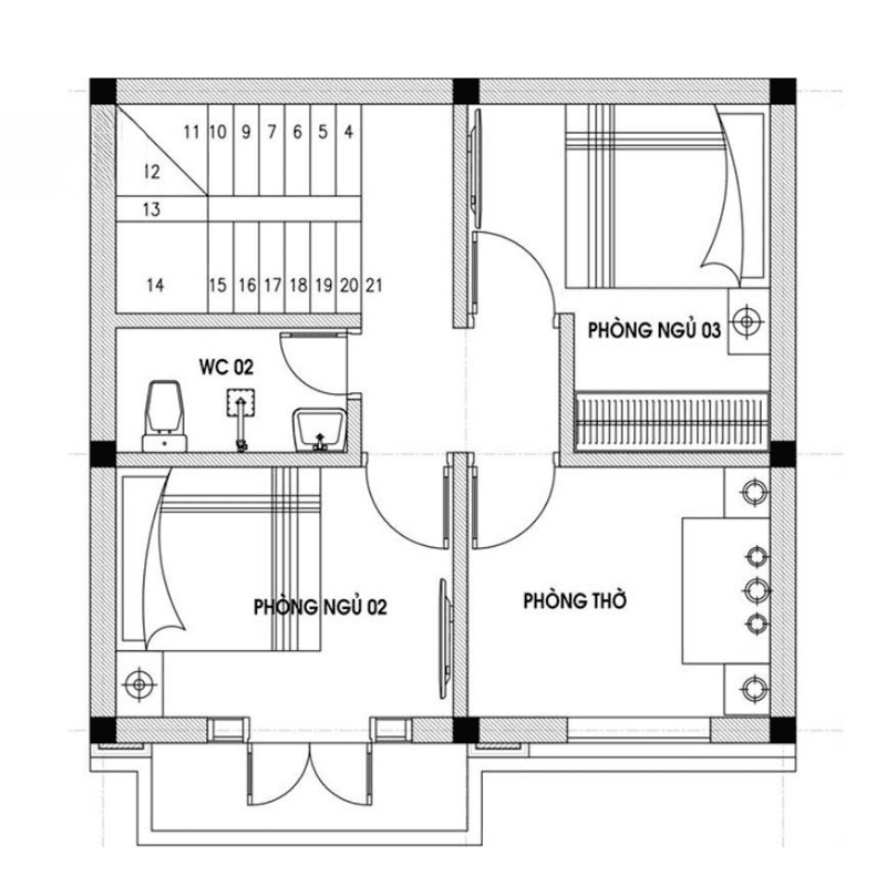 thiet-ke-nha-2-tang-3-phong-ngu-80m2-2 Bố trí mặt bằng tầng 2