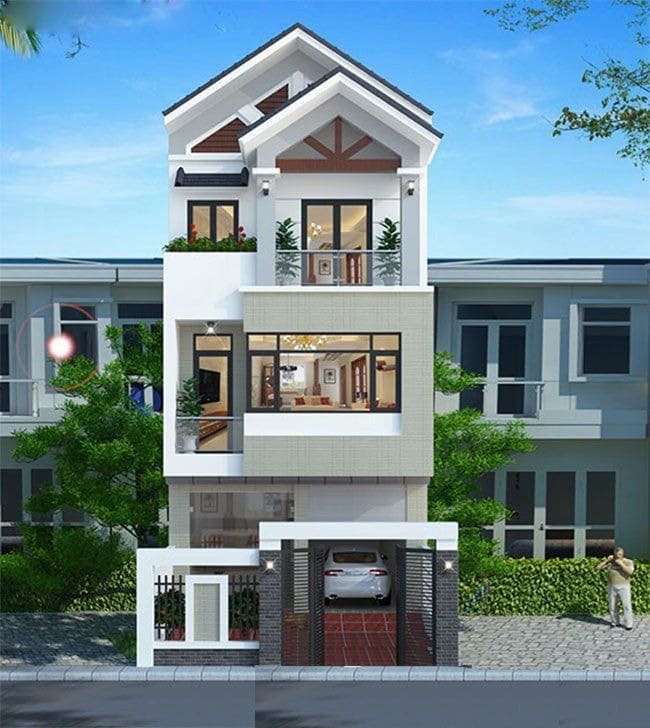 Nhà phố hiện đại ba tầng với gara và ban công cây xanh, thiết kế sang trọng và tiện nghi.