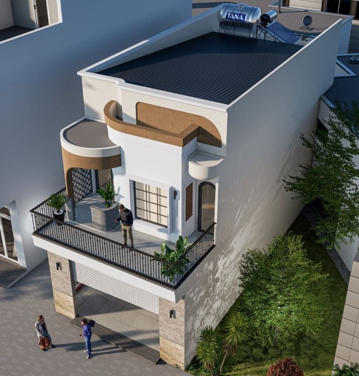 Nhà phố hiện đại với sân thượng rộng, cây xanh và người đứng trên ban công bên ngoài.