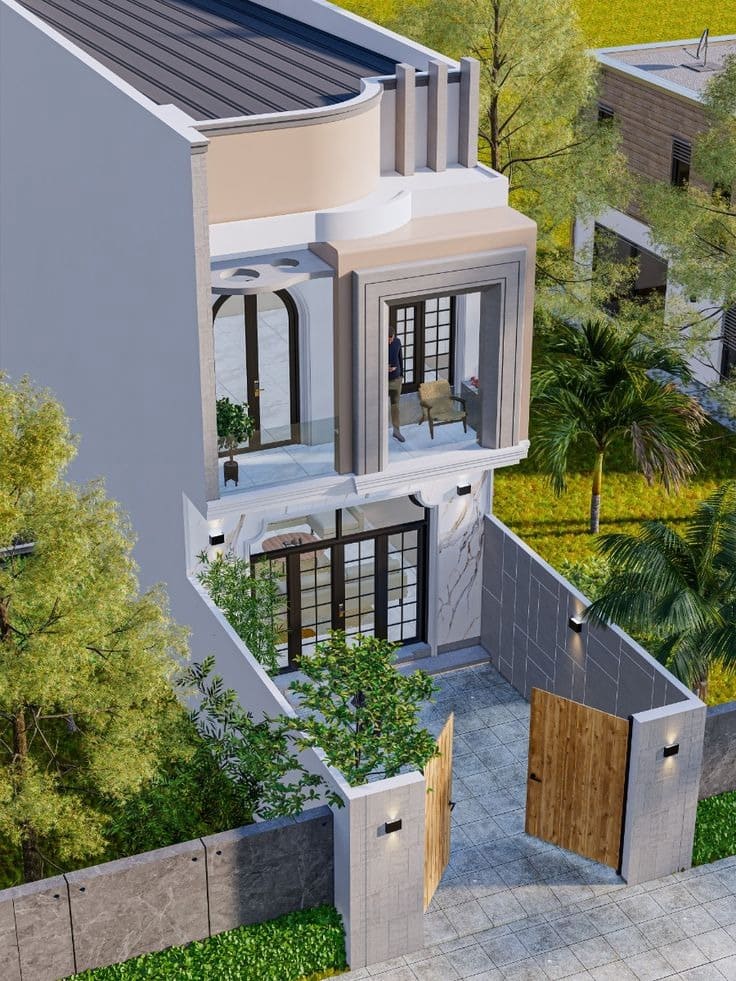 thiet-ke-nha-2-tang-3-phong-ngu-80m2-32 Nhà phố hiện đại với cửa kính lớn và sân rộng, thiết kế hài hòa giữa thiên nhiên và kiến trúc.