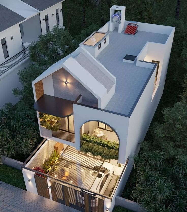 Nhà phố hiện đại với thiết kế sân thượng rộng rãi, ban công xanh.