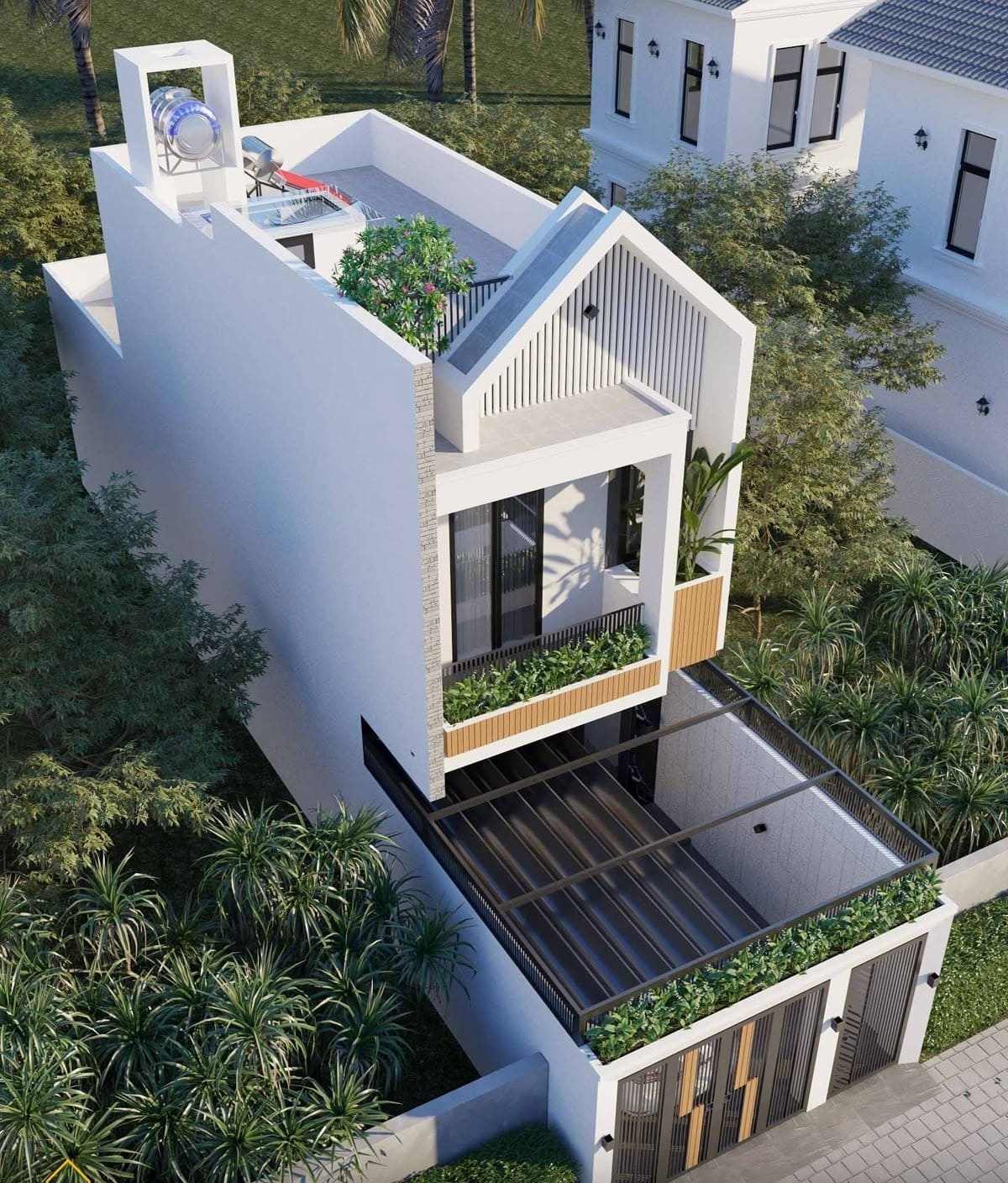 Nhà phố hiện đại thiết kế tinh tế với sân thượng và cây xanh, mặt tiền thoáng mát, vị trí tại khu vực đô thị.