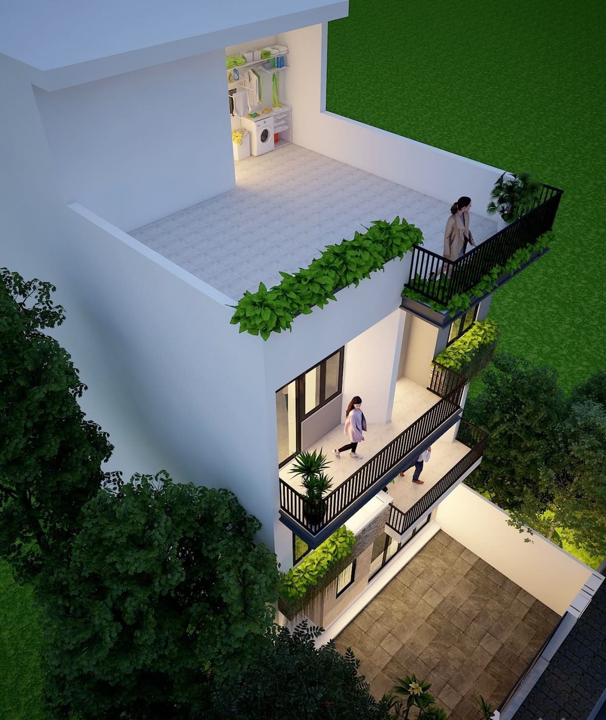 thiet-ke-nha-2-tang-3-phong-ngu-80m2-35 Nhà hiện đại 3 tầng với ban công xanh, có người đứng ngắm cảnh, bên dưới là sân lát gạch rộng và cây xanh.