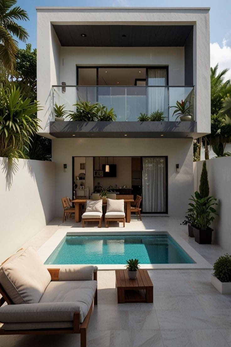 Nhà hiện đại với hồ bơi nhỏ, sân thượng xanh và nội thất ngoài trời thư giãn.