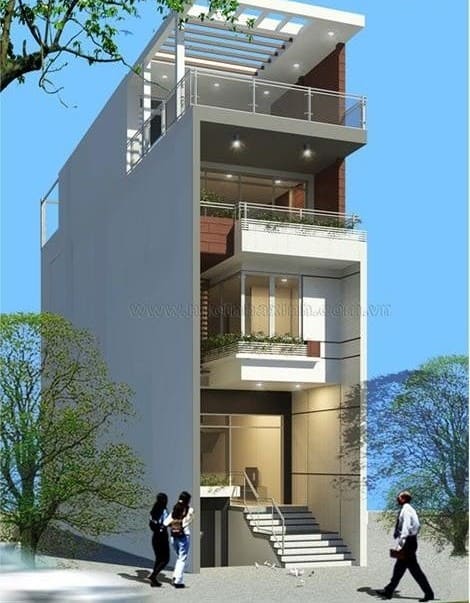 Tòa nhà cao tầng hiện đại với ban công kính và cửa sổ lớn, có cây xanh bên cạnh, trời xanh.