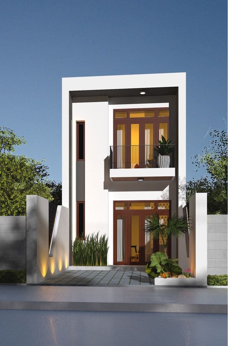 thiet-ke-nha-2-tang-3-phong-ngu-80m2-44 Nhà phố hai tầng hiện đại với cửa kính lớn, ban công và cây xanh, thiết kế đơn giản và tinh tế.