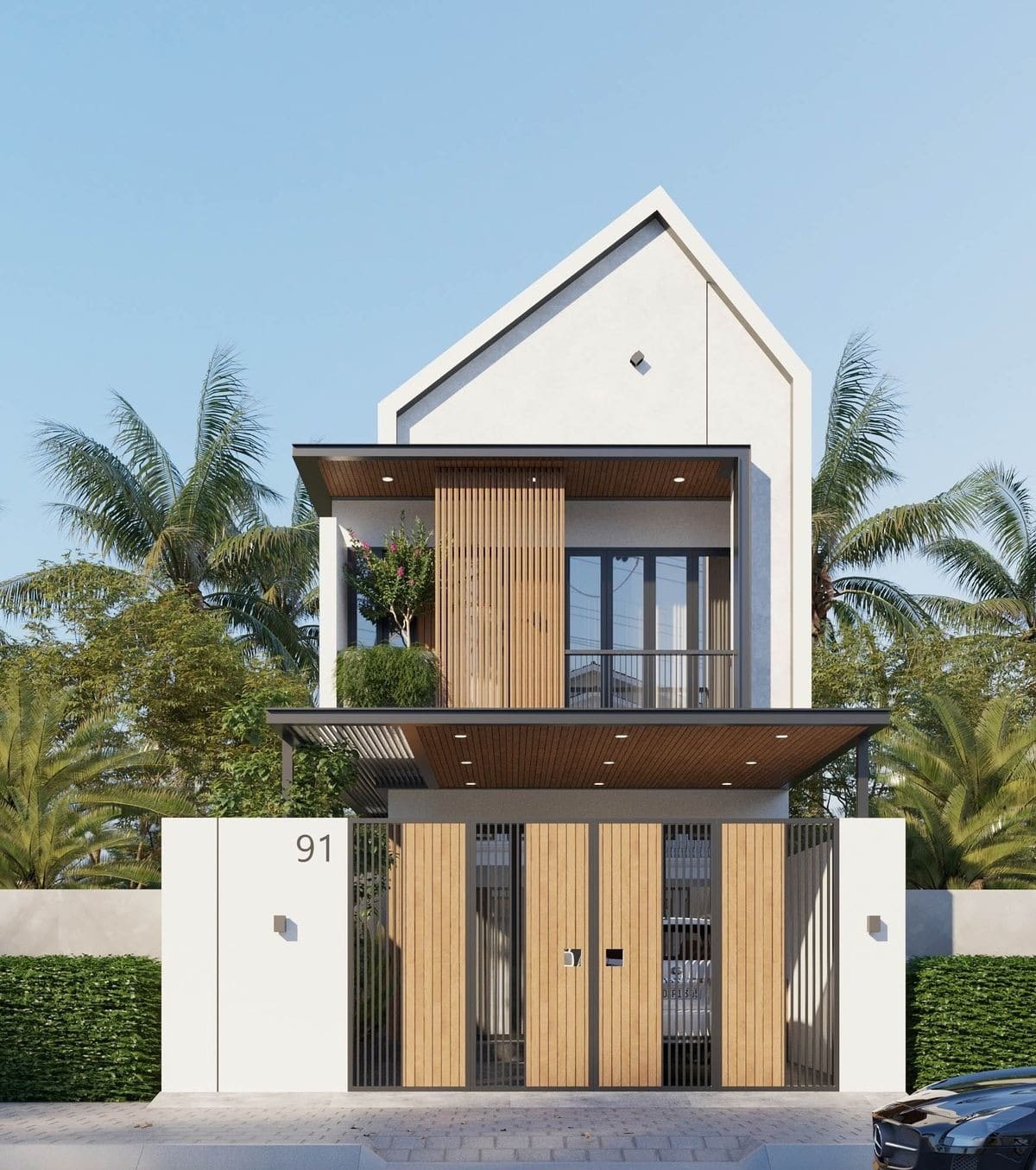 Nhà hiện đại hai tầng với mặt tiền gỗ, cây xanh xung quanh, bầu trời xanh và ánh nắng ban mai.