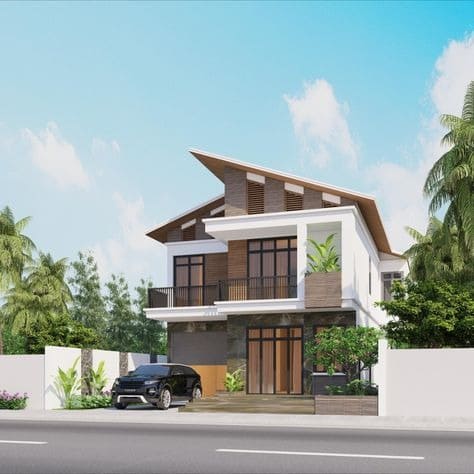 Ngôi nhà hiện đại hai tầng với xe hơi đỗ trước, bao quanh bởi cây xanh và hàng rào trắng, trời xanh nắng đẹp.