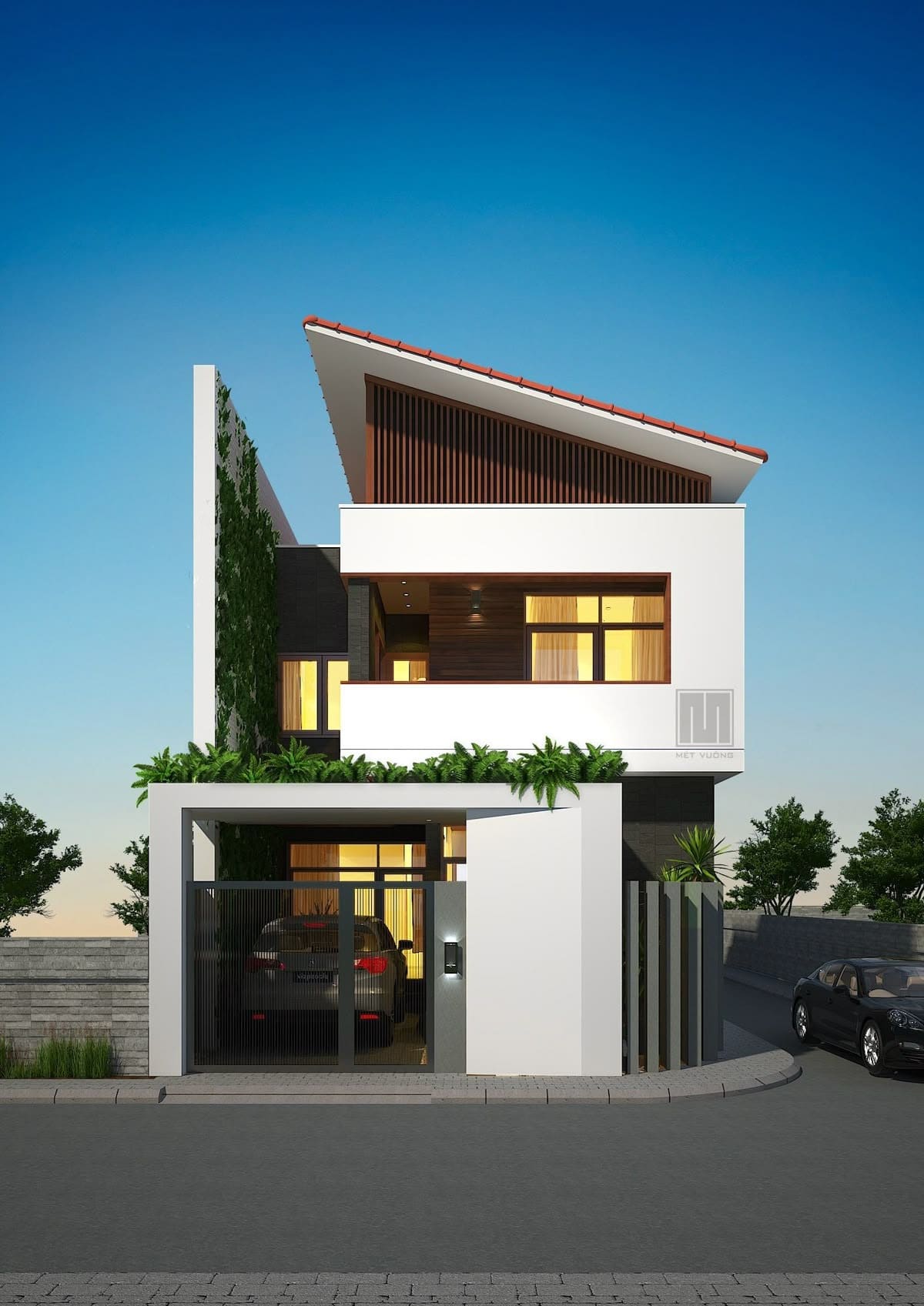 Nhà hiện đại hai tầng với mái nghiêng, cửa sổ lớn và sân trước rộng rãi, phù hợp khí hậu nhiệt đới.