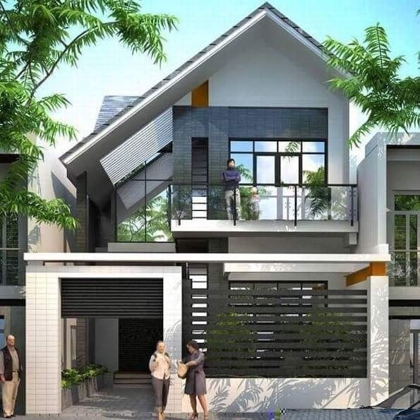 Ngôi nhà hiện đại hai tầng với sân vườn và ban công, mẫu thiết kế kiến trúc mới mẻ và thanh lịch.