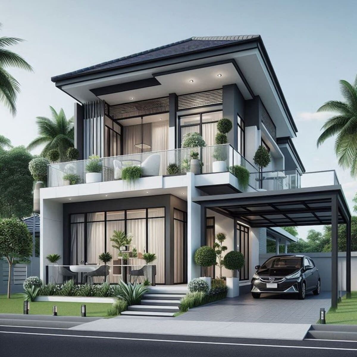 Nhà hiện đại hai tầng với xe hơi trong gara, xung quanh là cây xanh và cảnh quan tươi mát.