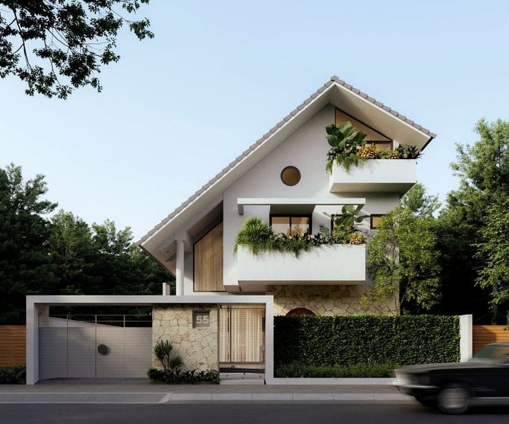 thiet-ke-nha-2-tang-3-phong-ngu-80m2-50 Biệt thự hiện đại với mái chéo, cây xanh, số nhà 55, mặt tiền đường, bao quanh bởi cây cối.