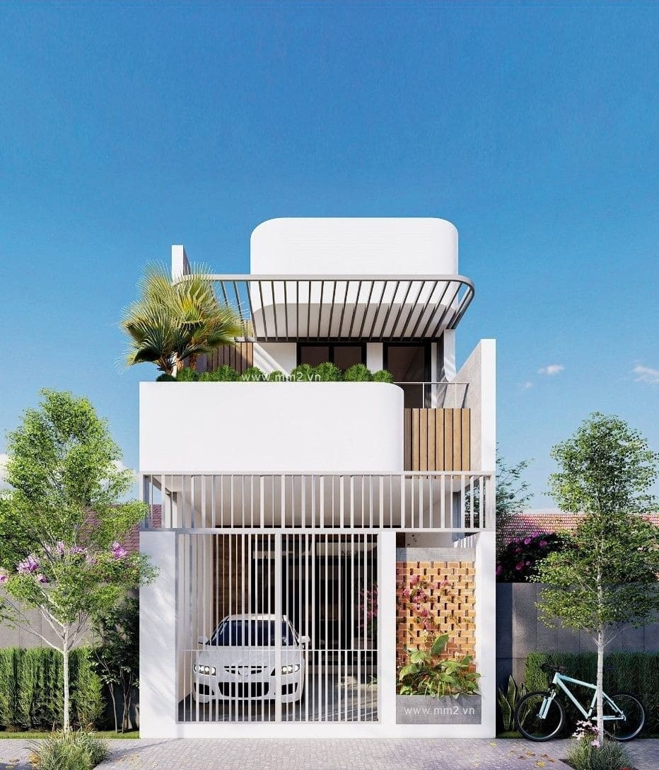 thiet-ke-nha-2-tang-3-phong-ngu-80m2-52 Nhà phố hiện đại với ban công cây xanh, xe hơi và xe đạp trước nhà, thiết kế tối giản và sáng tạo.