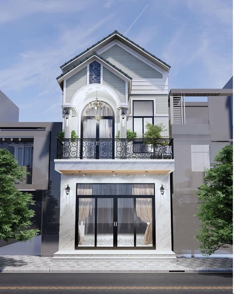 thiet-ke-nha-2-tang-3-phong-ngu-80m2-57 Nhà phố kiểu hiện đại hai tầng với ban công rộng rãi, mặt tiền ốp đá, cây xanh xung quanh.