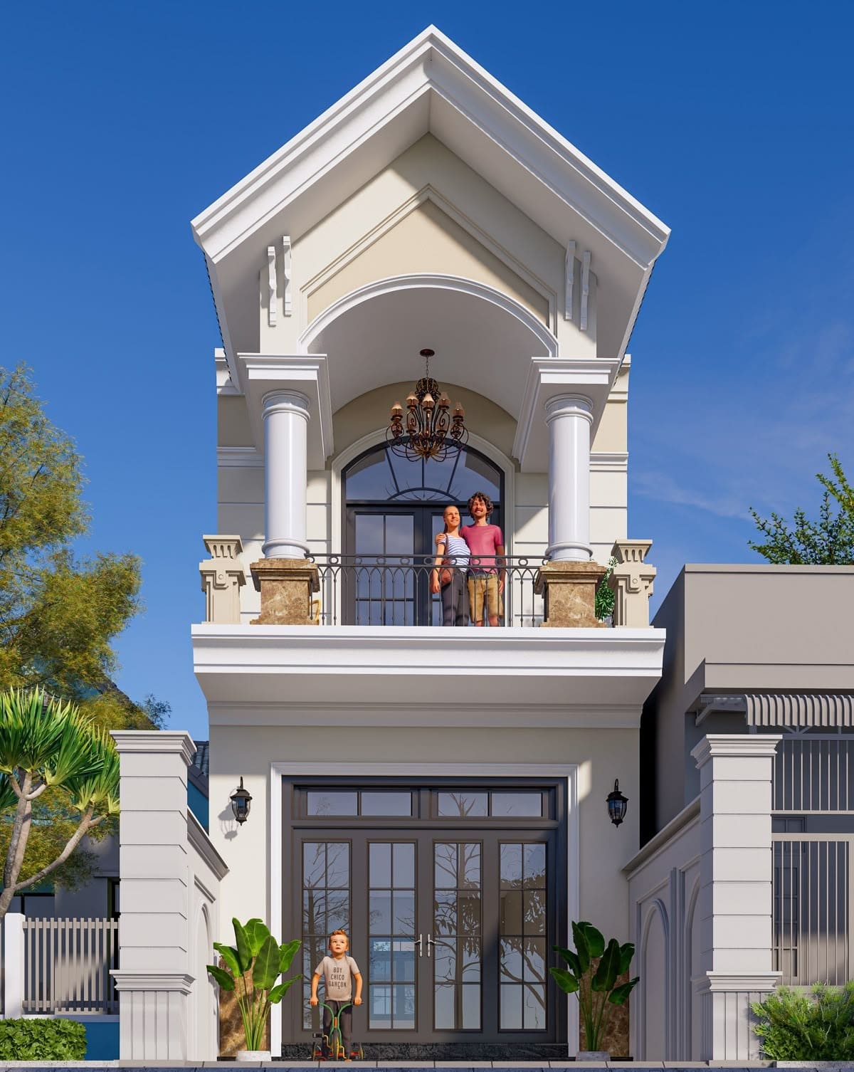 Nhà hai tầng phong cách tân cổ điển với ban công, nền trời xanh và cây xanh phía trước.