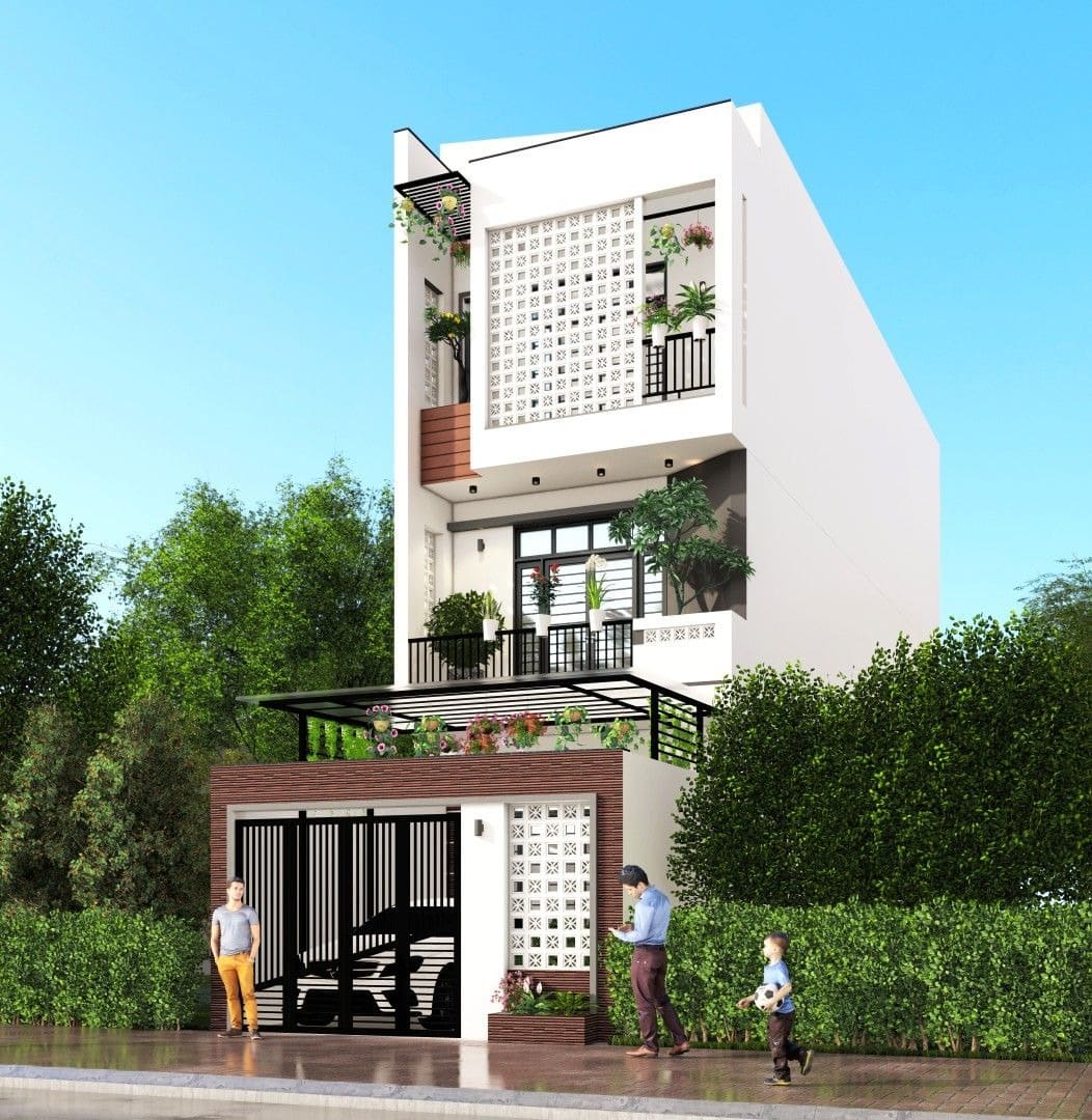 Nhà phố hiện đại ba tầng với thiết kế tối giản, cây xanh trước nhà và người thân đứng trước cửa.