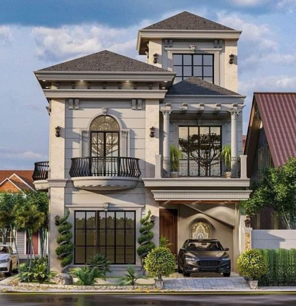 Biệt thự sang trọng với thiết kế hiện đại, ban công rộng và ô tô trước sân, dưới bầu trời trong xanh.