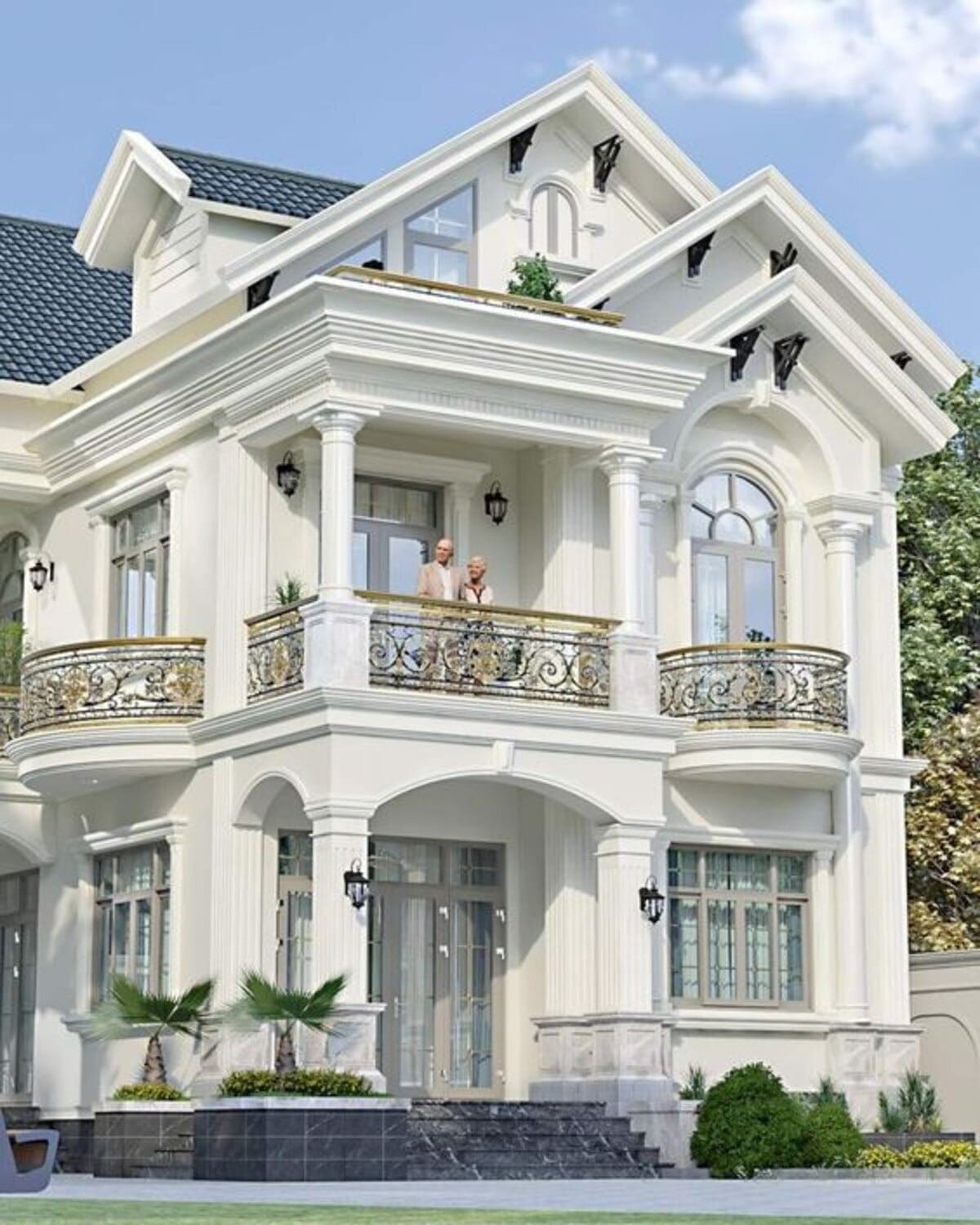 thiet-ke-nha-2-tang-3-phong-ngu-80m2-8 Biệt thự tân cổ điển màu trắng với ban công trang trí công phu và cây cối xung quanh, tạo cảm giác sang trọng.