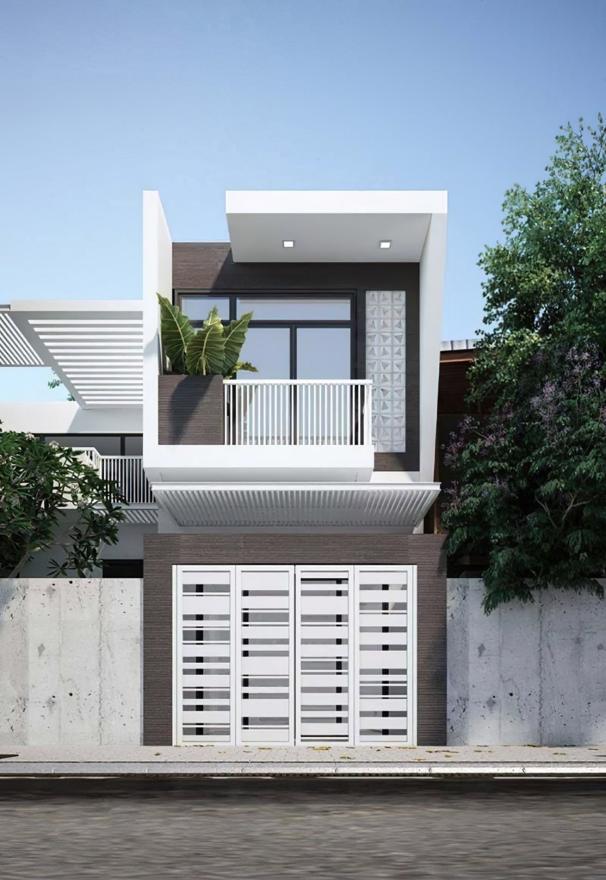thiet-ke-nha-2-tang-70m2-an-ninh-va-rieng-tu-tuyet-doi Nhà phố hiện đại hai tầng với mặt tiền thiết kế tối giản và ban công cây xanh.