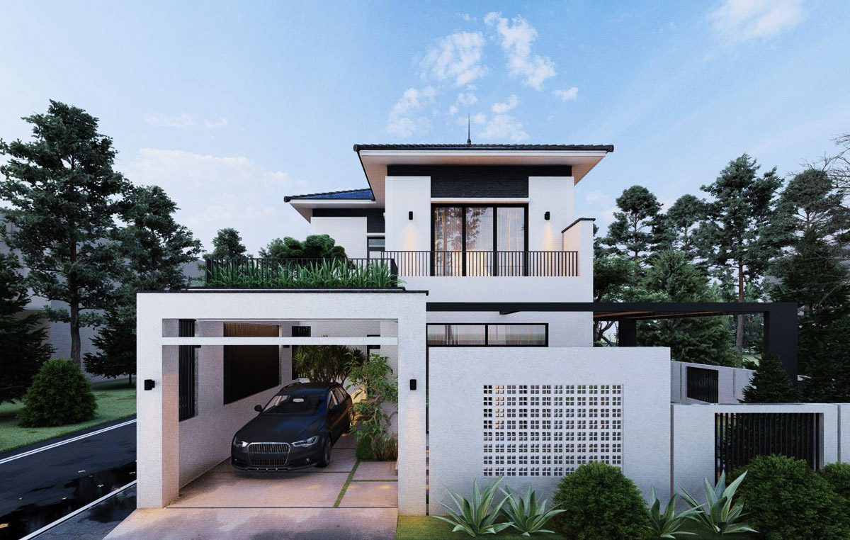 Nhà hiện đại có gara ô tô, không gian xanh và ban công rộng, bầu trời xanh mây phủ.