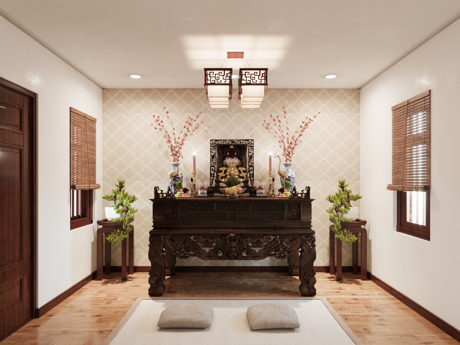 Bàn thờ gia tiên truyền thống Việt Nam với lọ hoa, nến và tượng phật, tạo không gian trang nghiêm và ấm cúng.