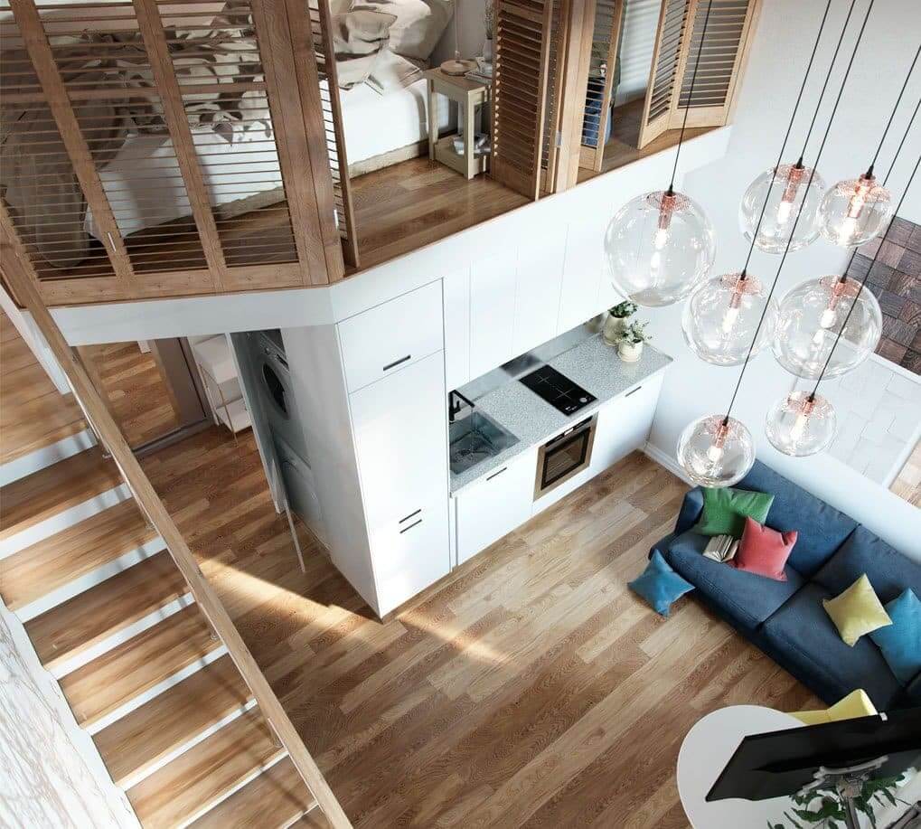 Thiết kế nhà 20m2 sàn gỗ có gác lửng 1